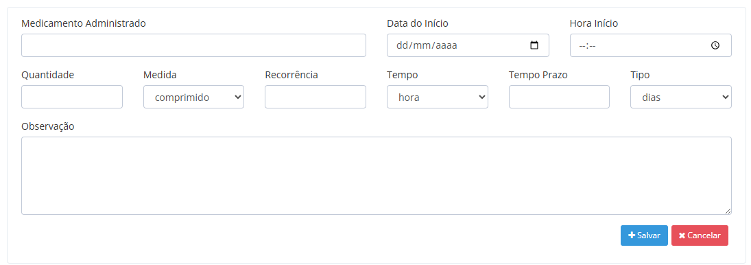 Tela para registrar um novo tratamento